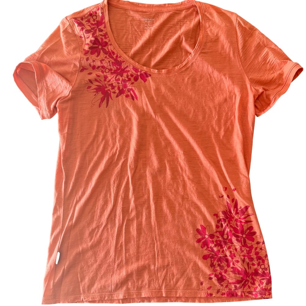 Icebreaker Merino Wool Womens L Orange Floral Short Sleeve T Shirt Tee